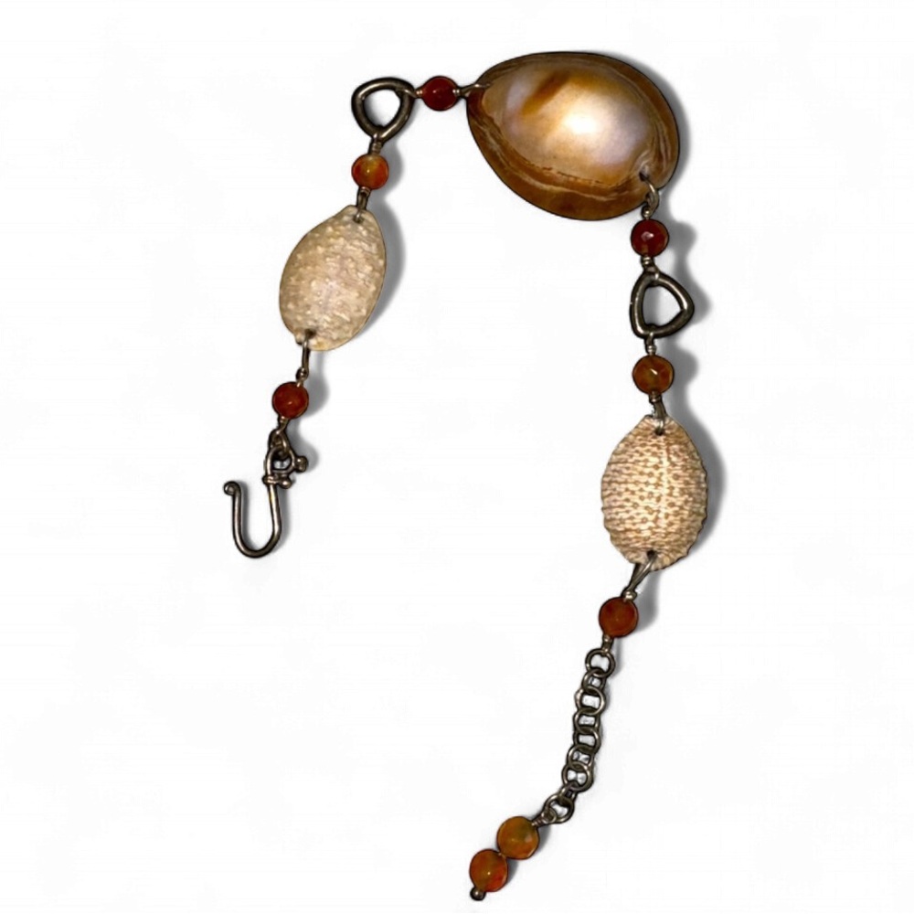 Custom ARTISAN made sterling wired citrine and shell bracelet 7-1/2 adjustable